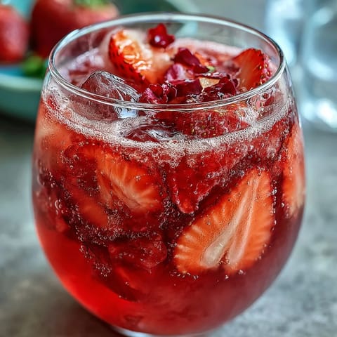 Chilled pitcher of homemade strawberry rose lemonade garnished with lemon wheels, fresh mint, and edible rose petals for a floral twist.  