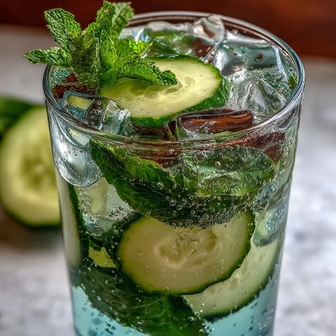 Chilled pitcher of cucumber mint sparkling water, garnished with fresh lime slices and vibrant green mint sprigs.