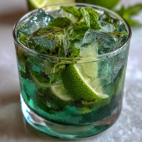 A vibrant alcohol-free mojito bursting with lime wedges, cucumber slices, and mint leaves, served over ice for a refreshing summer drink.