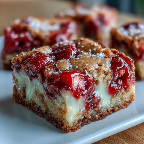 Fresh strawberry cookie bars with white chocolate chunks, baked golden and dotted with juicy berries.  