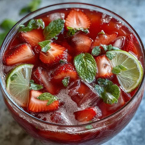 A vibrant punch bowl filled with fresh strawberries, lime slices, and mint, perfect for spring celebrations and gatherings.