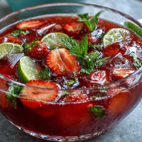 A refreshing strawberry daiquiri punch bowl with white rum, lime juice, and sparkling soda, served over ice for a festive touch.