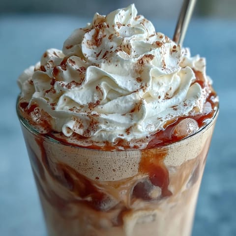 Creamy vanilla frappuccino with cold brew ice cubes, topped with whipped cream for a coffeehouse-style treat.