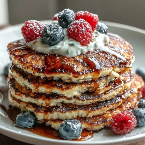 Cottage cheese protein pancakes with blueberries, stacked high and golden, served with a drizzle of maple syrup for a wholesome breakfast.  