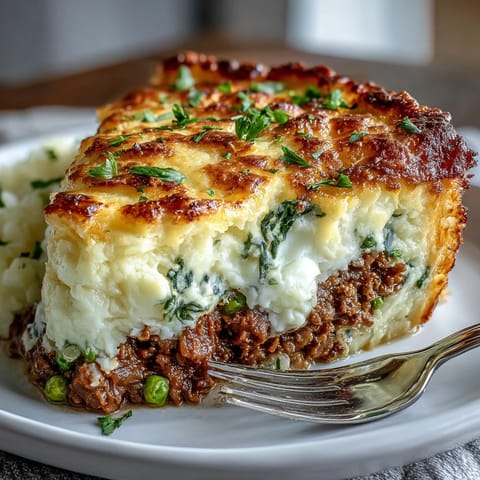 Classic Shepherds Pie with Cauliflower Mash Topping: golden baked casserole with creamy cauliflower mash over hearty lamb and vegetable filling.