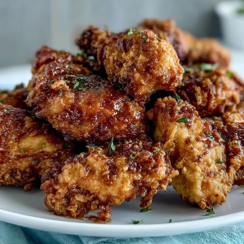Crispy Southern fried chicken with honey butter biscuits on a rustic wooden table, golden crust glistening beside flaky, honey-drizzled biscuits.