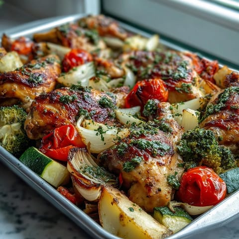 Healthy Easy One-Pan Lemon Chicken and Veggie Bake with colorful roasted vegetables and juicy chicken breasts, perfect for quick weeknight dinners.