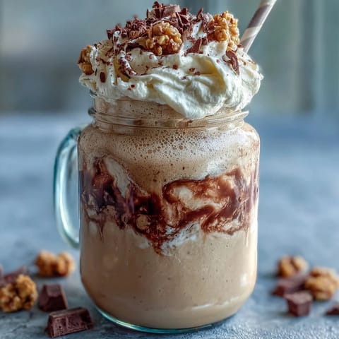 Vanilla Bean Frappuccino Overnight Oats Jar with creamy vanilla and coffee layers, topped with whipped cream and chocolate chips.