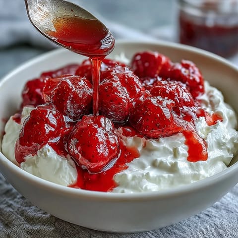Creamy Greek yogurt layered with sweet-tart strawberry compote, garnished with a drizzle of honey and mint leaves.  