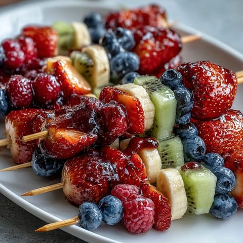 Festive Fourth of July fruit skewers with strawberries, bananas, and blueberries in patriotic red, white, and blue layers.