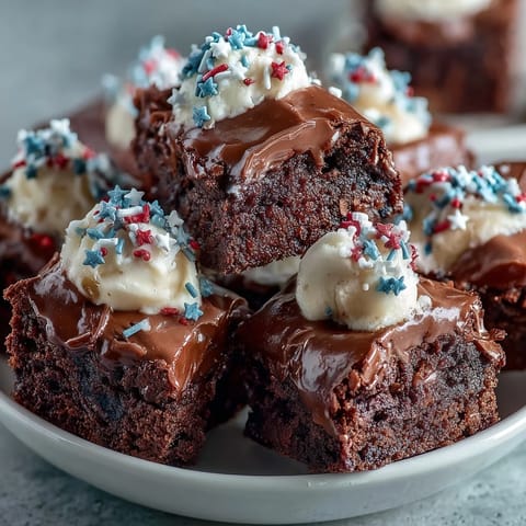 Fudgy 4th of July Firecracker Brownie Bites topped with creamy vanilla frosting and patriotic sprinkles, ready for a festive celebration.