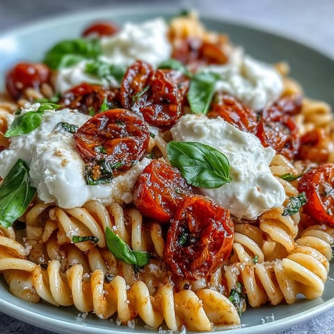Creamy Caprese pasta with burrata and cherry tomatoes, served with fresh basil and a drizzle of olive oil.