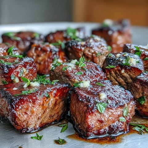 One-pan garlic herb steak bites sizzle in a cast iron skillet, golden brown and juicy, served with fresh parsley garnish.