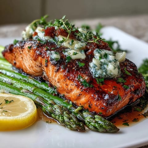 Garlic Butter Salmon with Asparagus: golden pan-seared fillets in a rich garlic butter sauce, served with crisp asparagus and lemon slices for a fresh, vibrant meal.