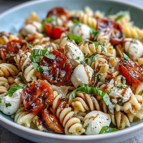 A colorful summer pasta salad with cherry tomatoes, fresh mozzarella, and fragrant basil, drizzled with balsamic glaze.
