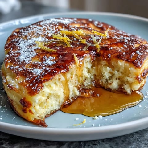 Fluffy Lemon Ricotta Pancakes stacked high, drizzled with syrup, perfect for brunch.