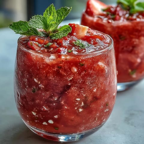 Vibrant three-ingredient strawberry lemonade slushie served in tall glasses, garnished with lemon slices and fresh mint leaves.  