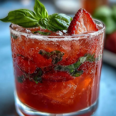 Glistening strawberry basil mocktail, a perfect summer thirst quencher, sparkling and bright.