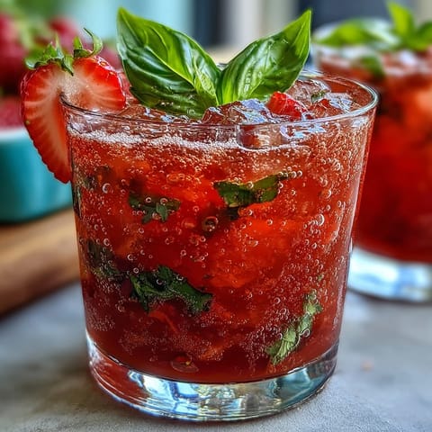 Vibrant strawberry basil mocktail garnished with fresh basil, ready to refresh.