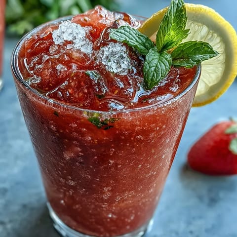 Refreshing frozen strawberry lemonade slushie with bright red berries and a frosty texture, perfect for cooling off on a hot summer day.  