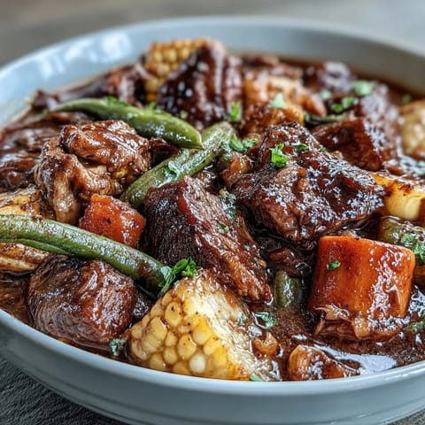 A steaming bowl of Kentucky Derby Burgoo Stew, rich with tender meats and vibrant vegetables, perfect for Derby celebrations.