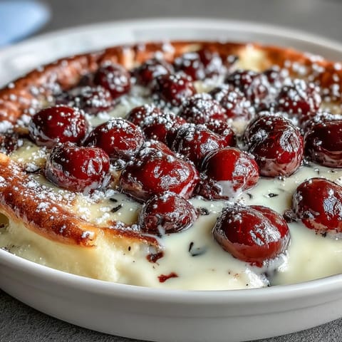 Fresh Cherry Clafoutis: Juicy cherries baked in a golden, creamy vanilla bean custard.