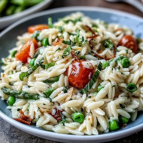 Vibrant Spring Orzo Primavera with tender vegetables and a lemon parmesan finish.