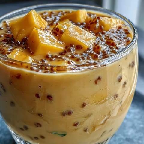 Creamy mango coconut chia smoothie with vibrant tropical flavors and a thick, refreshing texture.  