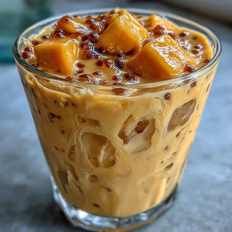 A glass of rich, dairy-free mango coconut chia smoothie topped with fresh fruit and chia seeds.  