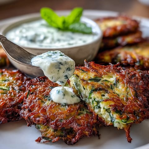 Golden zucchini fritters with feta, served with a cool yogurt mint sauce.