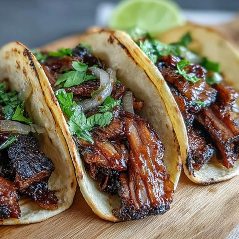 Juicy smoked brisket tacos piled high with zesty pickled red onions and fresh cilantro.