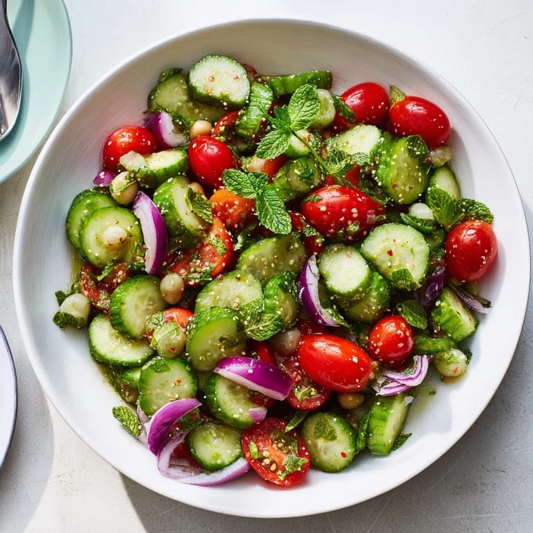 This vibrant Fresh Cucumber and Chickpea Salad with lemon and mint is ready in just minutes.