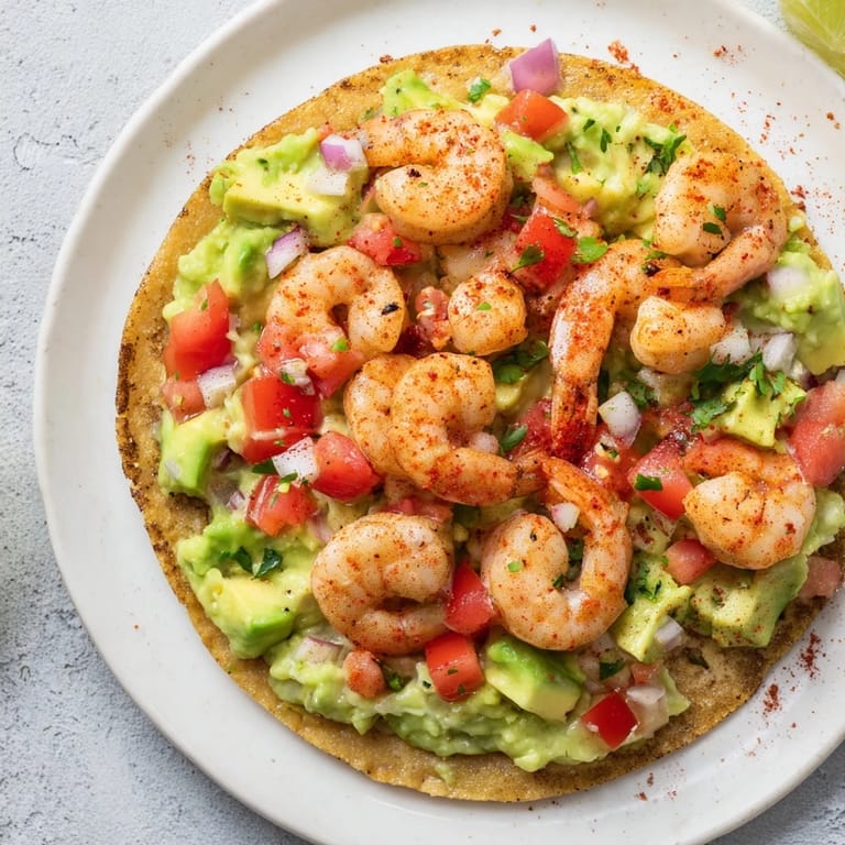Enjoy the colorful Quick Shrimp and Avocado Tostadas, perfectly seasoned shrimp atop a crispy tostada shell.