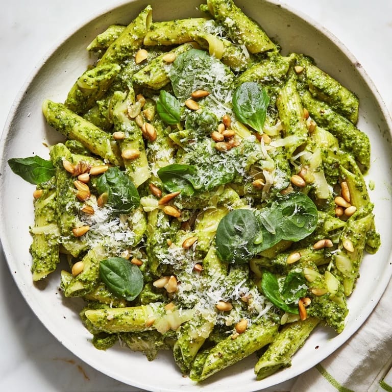 Vibrant bowl of The Best 15-Minute Creamy Pesto Pasta, ready to eat with a swirl of pesto.