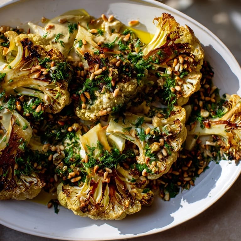 Close-up of tender roasted cauliflower steaks boasting a rich tahini sauce and toasted pine nuts.