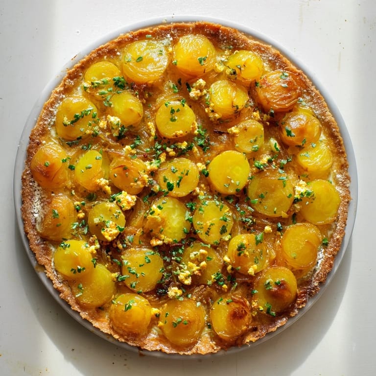 A close-up shot of the Decadent Caramelized Onion and Goat Cheese Tart, ready to slice and serve.