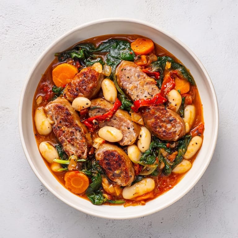 A close up shows the delicious, flavorful One-Pot Sausage and White Bean hearty stew ready to be served.