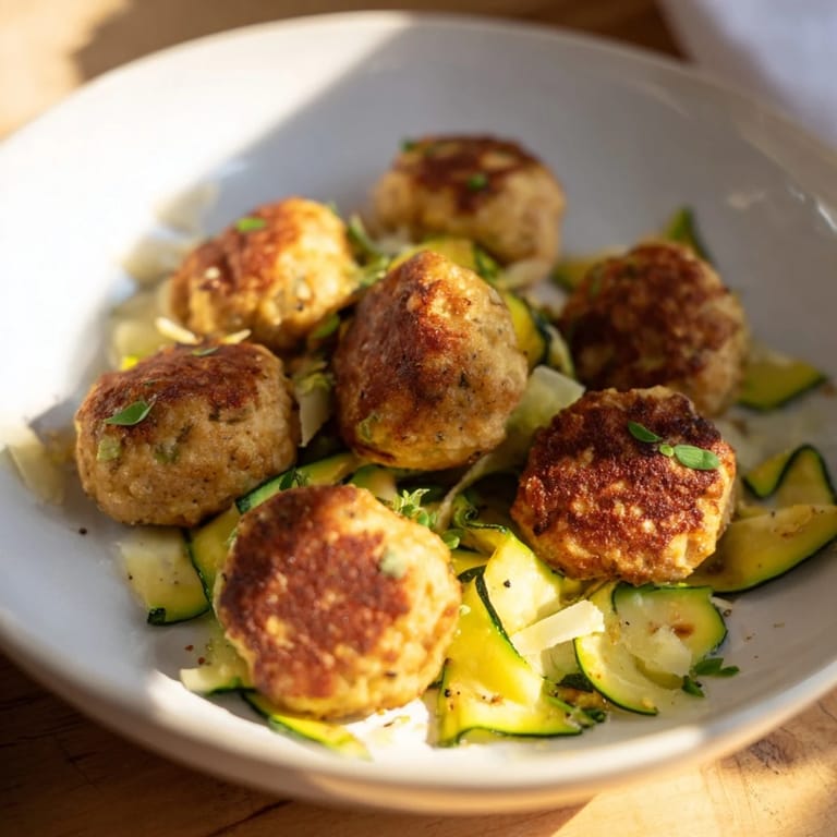 Close-up of baked Easy Sheet Pan Turkey Meatballs with zucchini, perfect for a quick, healthy dinner tonight.