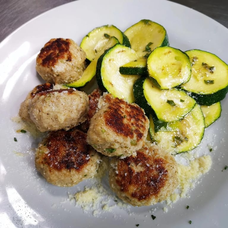 Freshly cooked Easy Sheet Pan Turkey Meatballs, tender and juicy, served with flavorful roasted zucchini rounds.