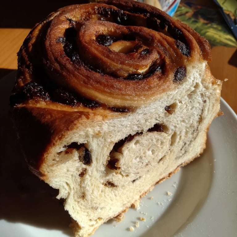 This warm, inviting photo shows the soft, fluffy interior of the delicious Homemade Cinnamon Swirl Raisin Bread.
