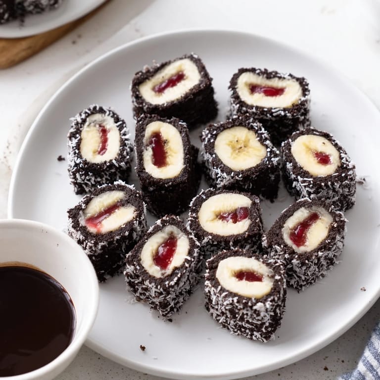 Sweet Oreo Cookie Sushi Rolls with banana filling, ready to serve with chocolate sauce.