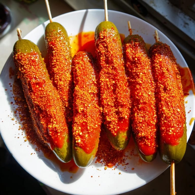 Bright red Chamoy-Tajín pickle sticks, the perfect party snack, bursting with sweet, sour, and spicy flavor.