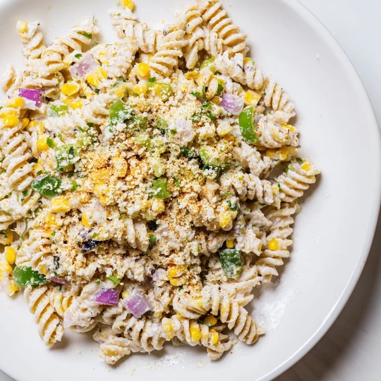 A close-up of creamy Street Corn Pasta Salad, showing tender pasta, cotija cheese, and fresh cilantro.
