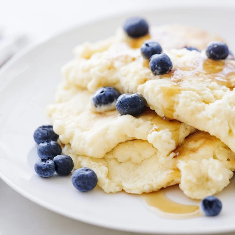 Warm, appetizing photo of soft, tender, fluffy scrambled pancakes, ideal for dipping in maple syrup.