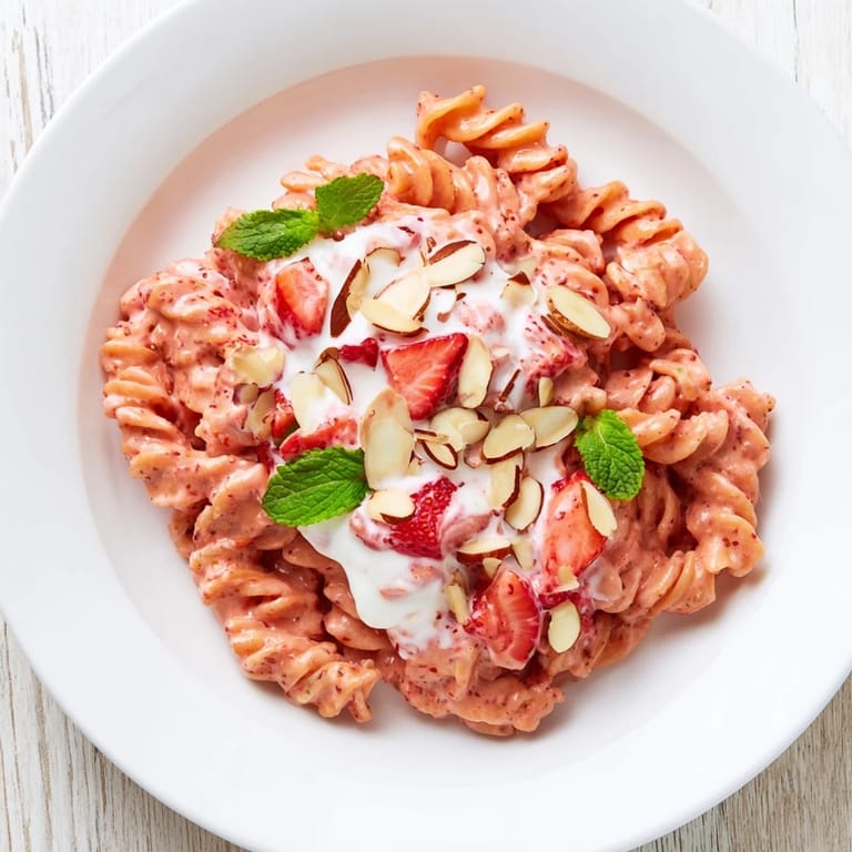 This photo shows a colorful bowl of Sweet Strawberry Yogurt Pasta with fresh strawberry slices.