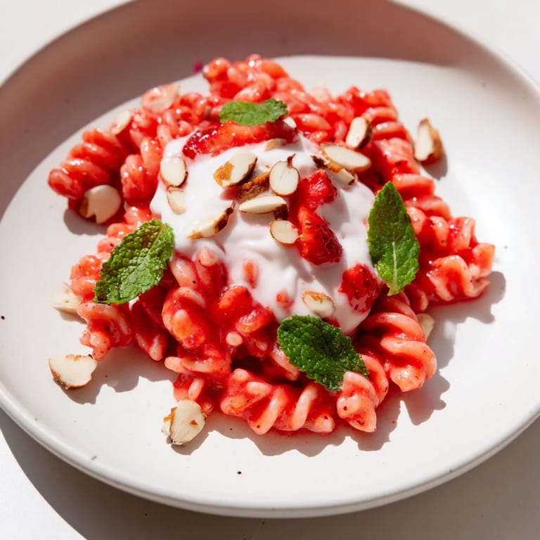 Creamy yogurt coats the pasta, mixed with juicy strawberries, of this delicious Sweet Strawberry Yogurt Pasta.
