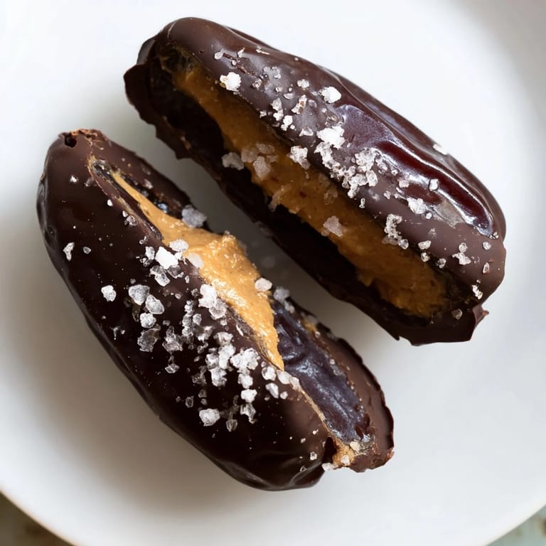 Close-up of a tray of chilled Chocolate Peanut Butter Dates showcasing the creamy peanut butter filling.