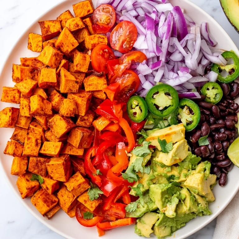 A delicious view: these vibrant sweet potato taco bowls feature fresh lime dressing drizzled over everything.