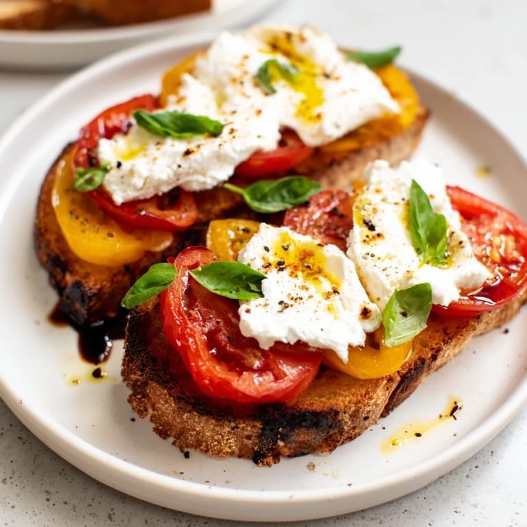 Enjoy a colorful plate of Tomato Burrata Toast: warm toast, luscious burrata, and juicy tomatoes with fresh basil.