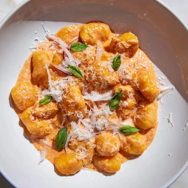 A lovely skillet of creamy tomato gnocchi, a comforting vegetarian Italian-inspired recipe served hot.